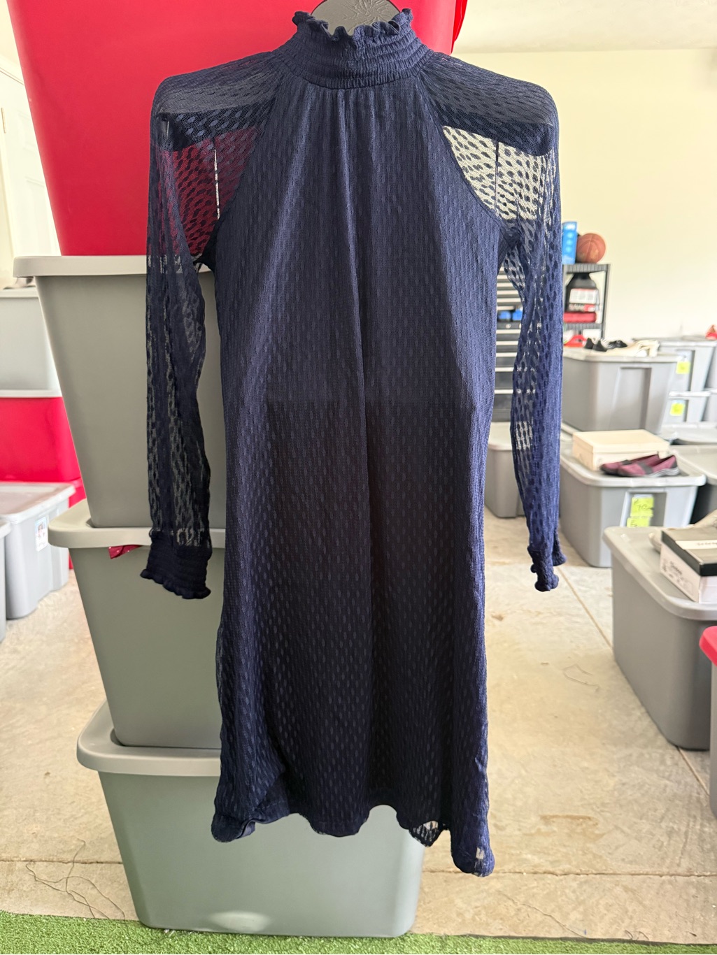 Navy Long-Sleeve Mesh Mock Neck Dress Mp75